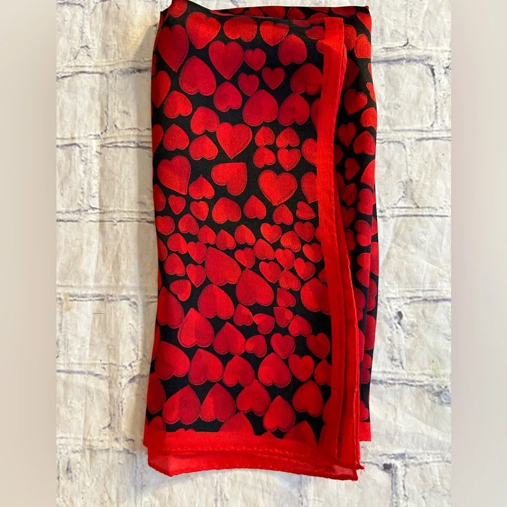 RED HEARTS ON BLACK BACKGROUND SILK SMALL SQUARE SCARF - Picture 6 of 6